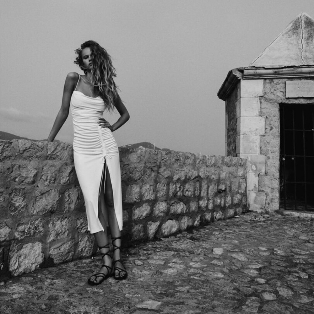 Zara Elegant White Ruched Midi Dress